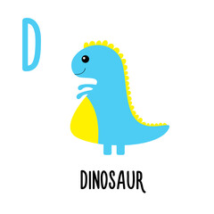 Letter D Dinosaur. Animal and food alphabet for kids. Cute cartoon kawaii English abc. Funny Zoo Fruit Vegetable learning. Education cards. Isolated. Flat design. White background.