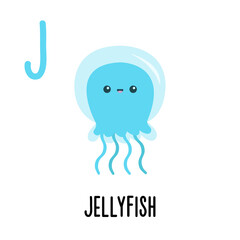 Letter J Jellyfish. Animal and food alphabet for kids. Cute cartoon kawaii English abc. Funny Zoo Fruit Vegetable learning. Education cards. Isolated. Flat design. White background.