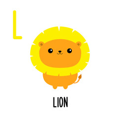 Letter L Lion. Animal and food alphabet for kids. Cute cartoon kawaii English abc. Funny Zoo Fruit Vegetable learning. Education cards. Isolated. Flat design. White background.