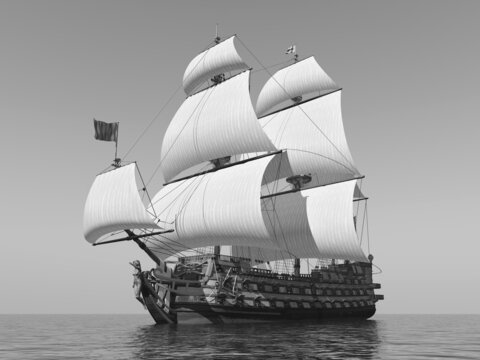 Französisches Kriegsschiff aus dem 18. Jahrhundert in Schwarz und Weiß