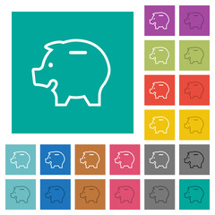 Left facing piggy bank outline square flat multi colored icons