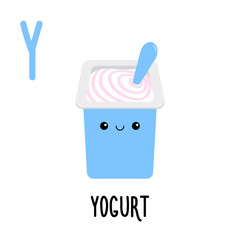 Letter Y Yogurt. Animal and food alphabet for kids. Cute cartoon kawaii English abc. Funny Zoo Fruit Vegetable learning. Education cards. Isolated. Flat design. White background.