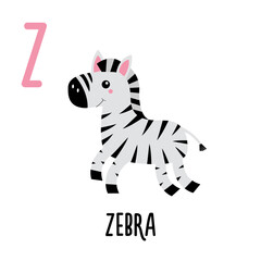 Fototapeta na wymiar Letter Z Zebra. Animal and food alphabet for kids. Cute cartoon kawaii English abc. Funny Zoo Fruit Vegetable learning. Education cards. Isolated. Flat design. White background.