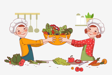 Cute girl and boy cooking salad in the kitchen
