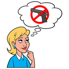 Girl thinking about Gun Control - A cartoon illustration of a Girl thinking about Gun Control.