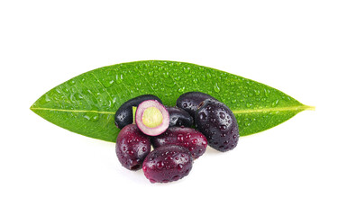 Jambolan plum, Java plum with drops of water on white background