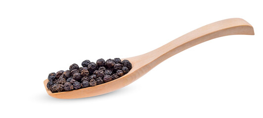 peppercorn in a wooden spoon isolated on white background