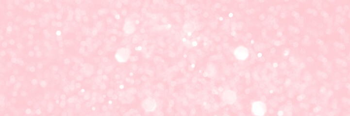 Pink sparkling glitter bokeh background, banner texture. Abstract defocused lights header. Wide screen wallpaper. Panoramic web banner with copy space for design