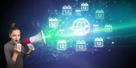 Young person with megaphone and business icon