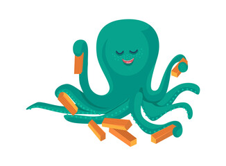 Cartoon Animal octopus eats waffles. Vector illustration