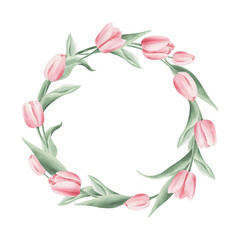Wreath of watercolor tulips on a transparent background.