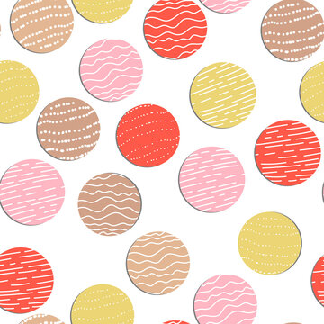 Abstract hand drown polka dots background. White dotted seamless pattern with color circles. Template design for invitation, poster, card, flyer, textile, fabric