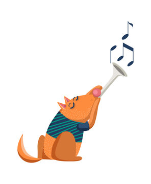 Cartoon Animal fox playing the trumpet. Vector illustration