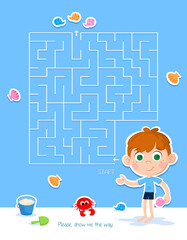 Summer maze - Sunny day on the beach - Little boy and seashells - Activity book page for preschool and school kids