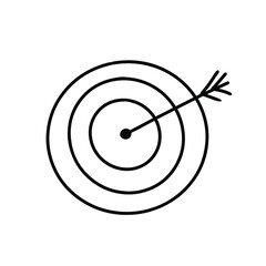 Goal table target dartboard icon with a flying arrow hand drawn vector scribble doodle sketch in a black white monochrome style. Ideal bullet journal presentation art.