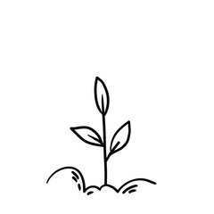 Cute ecology hand drawn vector black and white monochrome doodle. Plant in the ground growing in bullet journal scribble style