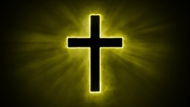 Uplifting and deeply inspiring reveal animation of a plain classic golden holy Christian crucifix cross, in a smoky mystical glow and emating shining God rays and light beams, on a black background