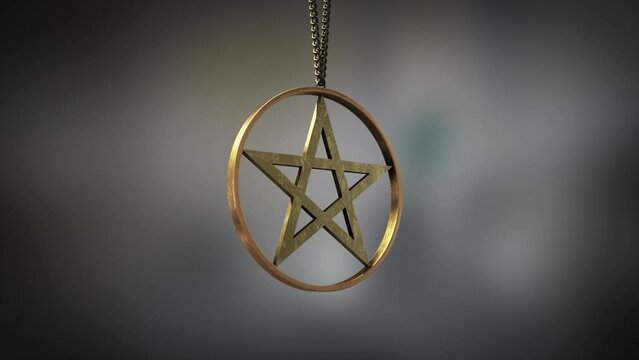 High quality close up render of a shiny gold circular pentacle amulet, swinging slowly on the end of a neck chain, with super shallow depth of field abd bokeh background