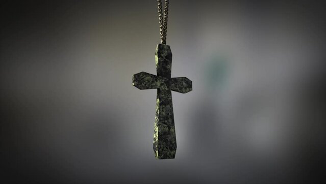 High quality close up render of a shiny carved marble Christian Crucifix artifact swinging slowly on the end of a neck chain, with super shallow depth of field abd bokeh background