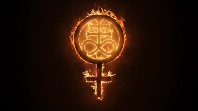 Exciting and highly emotive reveal animation of the Leviathan Cross sigil symbol, in roaring flames, burning embers and sparks, on a smokey, glowing black background
