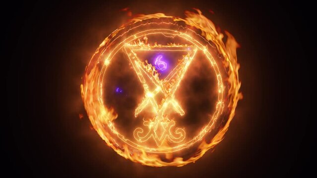 Exciting and highly emotive reveal animation of Lucifier's sigil symbol, with sinister 666 emblem in roaring flames, burning embers and sparks, on a smokey, glowing black background
