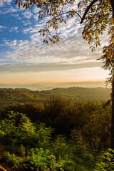 Dawn over Umbria countryside with morning haze, just outside the city of Perugia