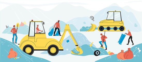 Bulldozer rebuilding garbage heap in landfill. Rubbish containing tires, rotten food, plastics, glass and bag