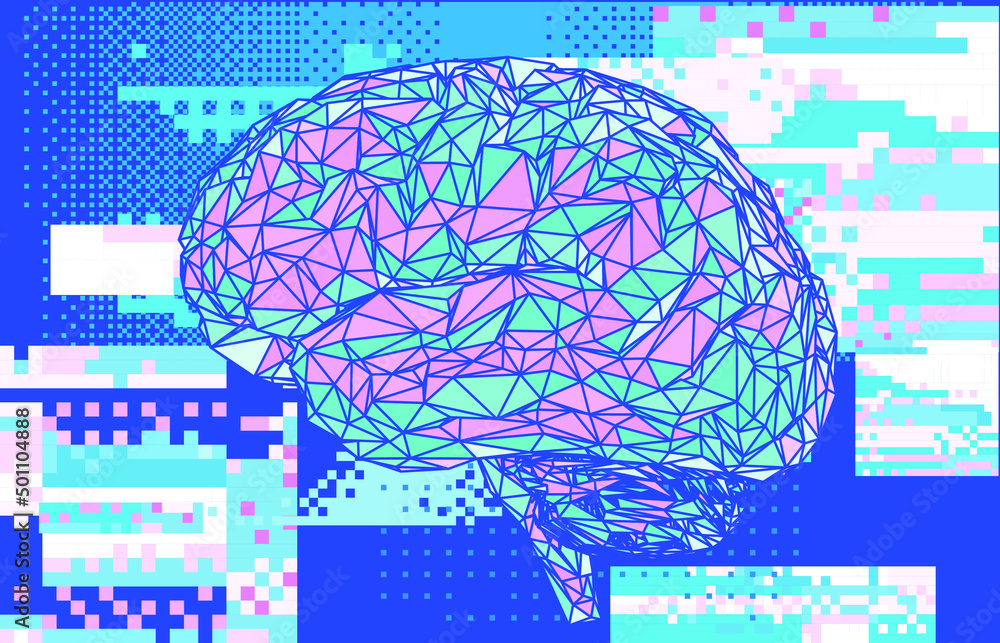 Poster 3d illustration of a low-poly brain on a glitched and pixelated background. concept of the artificia