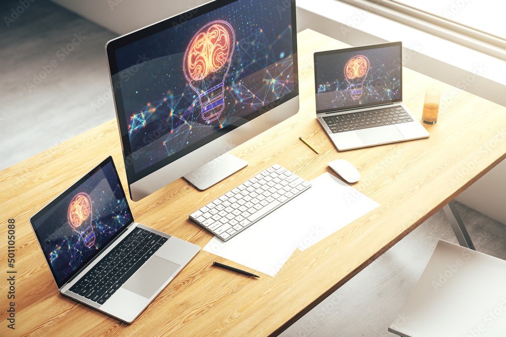 Poster creative light bulb illustration with human brain on modern computer monitor, future technology conc