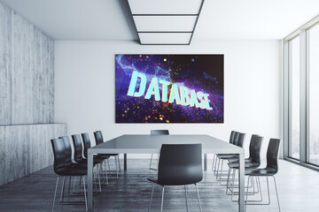 Creative Database word hologram on presentation tv screen in a modern meeting room, research and development concept. 3D Rendering