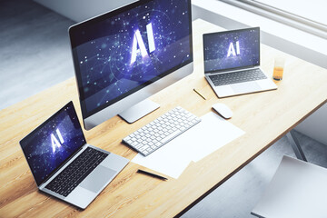 Creative artificial Intelligence symbol concept on modern laptop screen. 3D Rendering