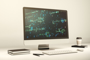 Modern computer monitor with creative scientific formula concept, research and development concept. 3D Rendering