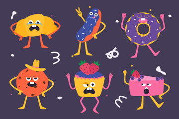 Collection of cute desserts. Croissant, eclair, donut, cheesecake, muffin. Desserts with different emotions. Vector illustration in cartoon style.