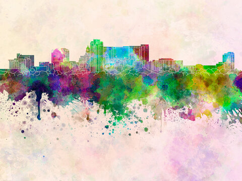 Rochester MN skyline in watercolor background