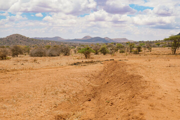 Scenic view of arid landscapes against sky at Nanyuki, Kenya