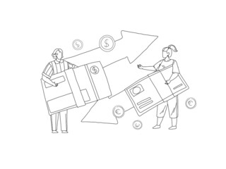 Man transferring money to girl using bank card live vector illustration. Wireless international cross-currency transfer and exchange, mobile banking illustration