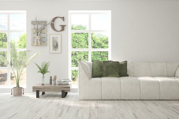 Minimalist living room in white color with sofa and summer landscape in window. Scandinavian interior design. 3D illustration