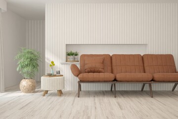 White living room with sofa. Scandinavian interior design. 3D illustration