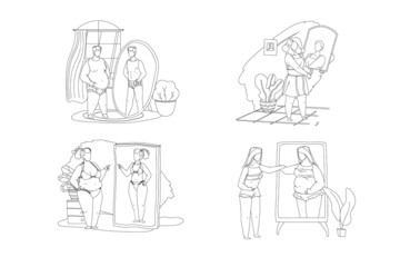 People looking at mirror reflection isolated outline vector set. Body rejection problem, dysmorphophobia, self hate, dissatisfaction with appearance concept