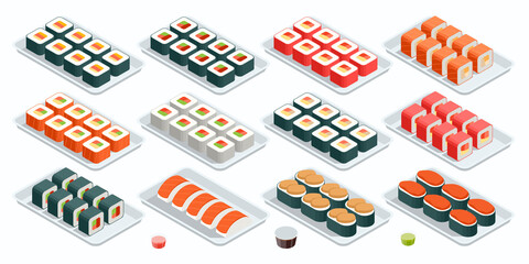 Isometric Sushi Rolls with Salmon, Avocado, Cream Cheese. Seafood Set Isolated Rolls on White Background. Sushi Menu. Japanese Food.