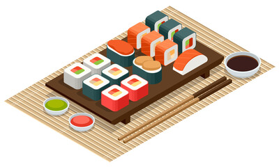 Isometric Sushi Rolls with Salmon, Avocado, Cream Cheese. Seafood Set Isolated Rolls on White Background. Sushi Menu. Japanese Food.