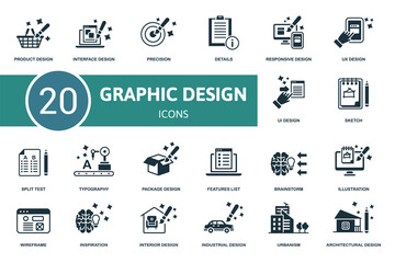 Graphic Design set icon. Contains graphic design illustrations such as interface design, details, ux design and more.