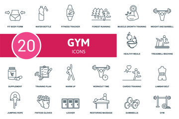 Gym And Fitness set icon. Contains gym and fitness illustrations such as water bottle, forest running, weight and barbell and more.