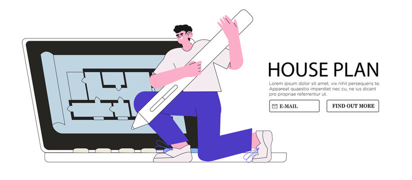 Architectural designer design house or flat plan on computer. Architect workplace or studio banner. Man create digital plans based on architectural sketches of private house or residential building.