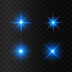 Transparent shining sun, star explodes and bright flash. Blue bright illustration starburst. Set of glowing light stars on a transparent background. 