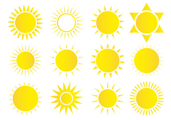 Sun icon set. Weather sun icon. Yellow sun star. Summer elements for design. Vector illustration