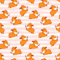 Corgi seamless pattern. Cute and happy running welsh corgi puppies on a striped background. Funny dog character and brush painted stripes. Vector illustration.