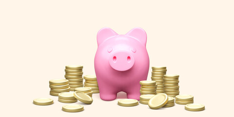 Pink piggy bank with stack of gold coins. Money savings concept. 3D realistic pig and money. Finance investment and business concept. Vector illustration