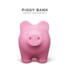 Realistic pink pig front view. Piggy bank isolated on white background. Piggy bank concept of money deposit and investment. Vector illustration