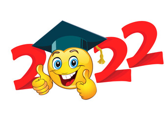 2022  emoji smile in graduation cap. Template for greeting, invitation card graduation party.  Vector on transparent  background